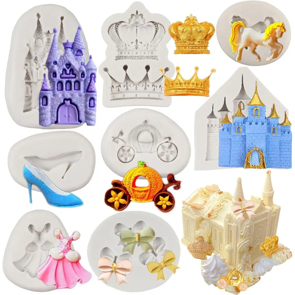 Themed Silicone Castle Crystal Shoes Pumpkin Carriage Crown Bow Mold or Cake Decorating Cupcake Topper Polymer Clay Gum Paste Se
