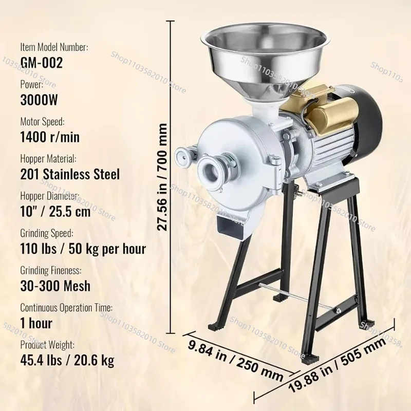 3000W Commercial Electric Grain Grinder, Heavy Duty Spice Flour Mill for Dry Wet Ingredients, Adjustable High Speed Pulverizer