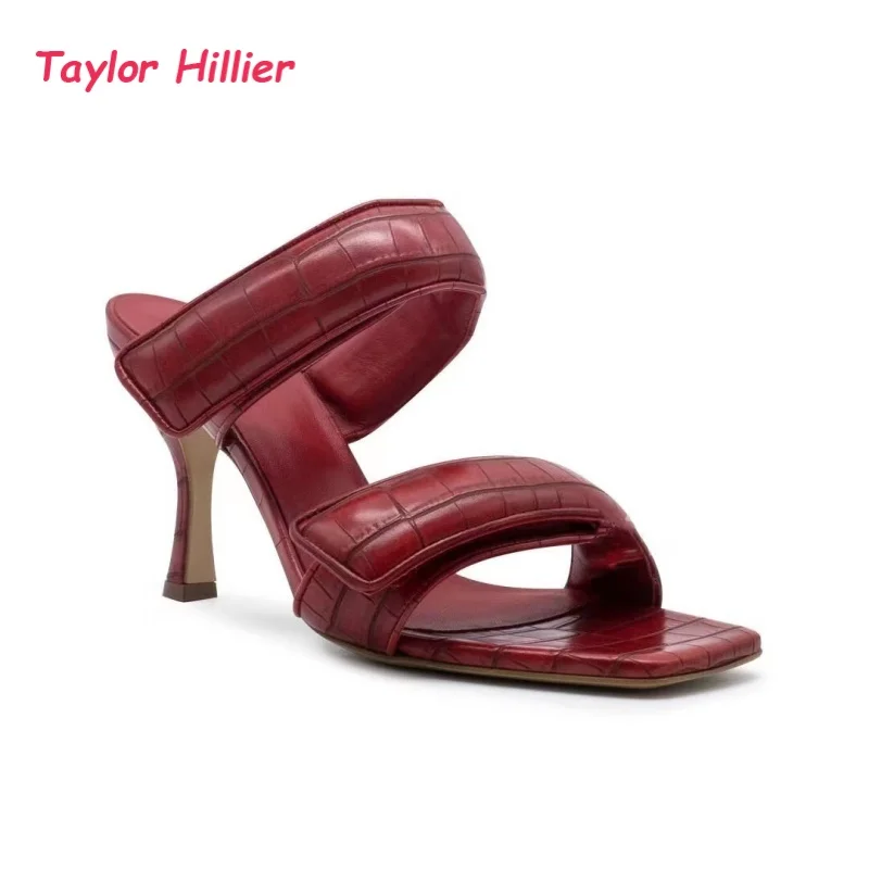 

Croc Embossed Double Strap Mules Women Fashion Square Toe Kitten Heel Slide Sandals Ladies Classy Summer Casual Heels