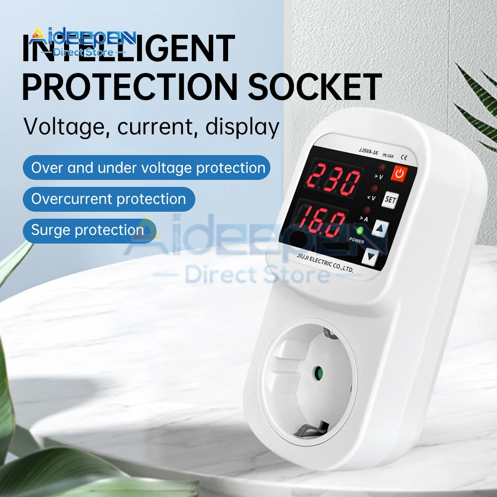 Automatic Over Voltage Current Under Voltage Protector Socket AC 220V Adjustable 16A Surge Protector EU Plug Socket Safe Protect