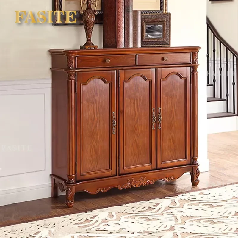 American-style Vintage Shoe Cabinet, Solid Wood, 2/3/4-door Storage Unit, Shoe Rack, for Living Room, Home, and Hotel Use.
