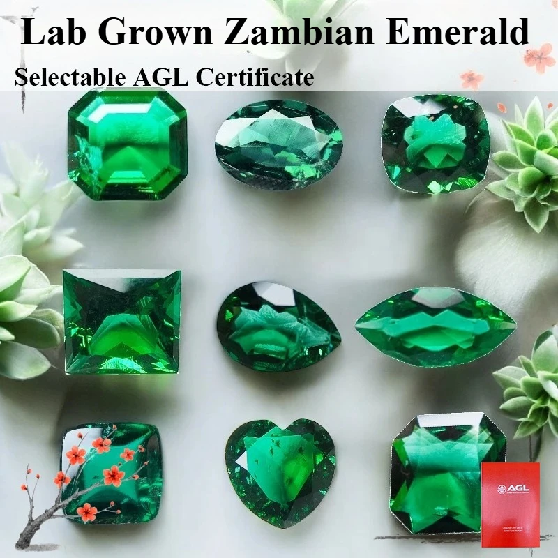 Hand Cutting Lab Grown Zambian Emeralds Hydrothermal Variou Cut Selectable Certificate with Cracks Inclusions Inside