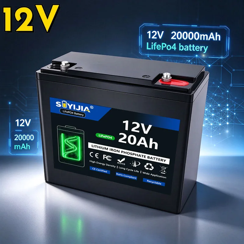 12V 20Ah LiFePo4 Battery Portable Lithium Iron Phosphate for Kid Scooters Boat Motor Fish Finder Solar System Outdoor Camping