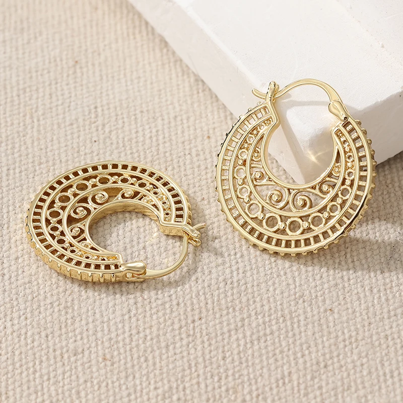 Bohemian Style Copper Hollowed Out Flower Shaped Earrings, Women's Classic Hoop Earrings