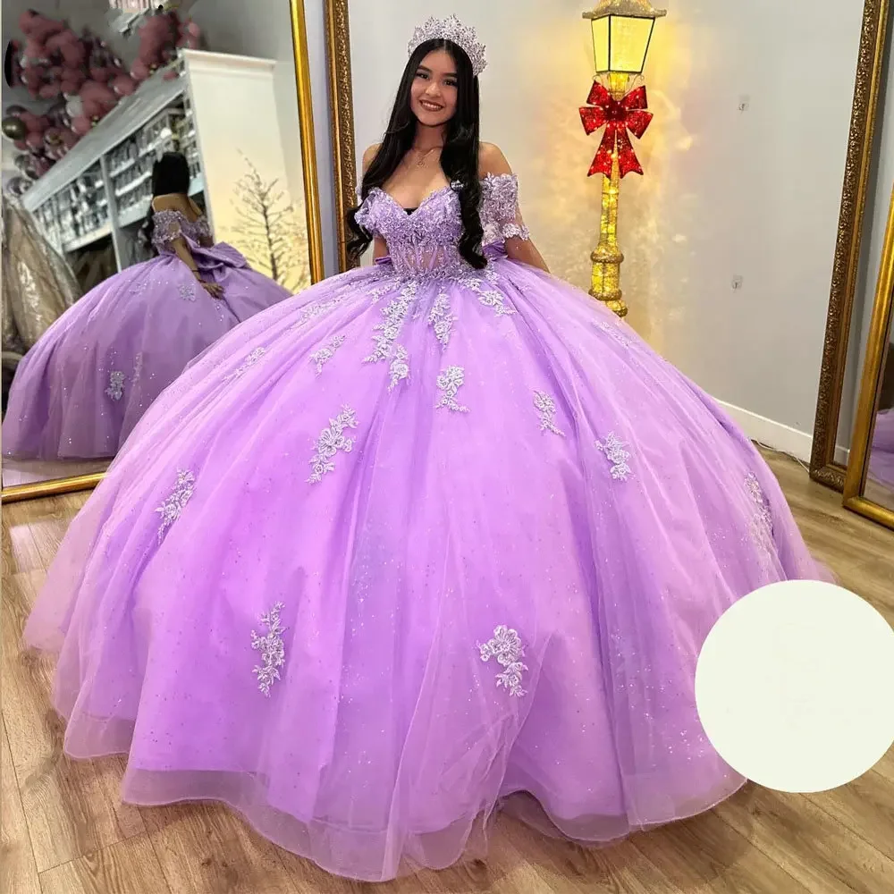 

Angelsbridep Lilac Illusion Appliques Lace Bow Ball Gown Quinceanera Dress Off The Shoulder Crystal Corset Vestidos De 15 Años