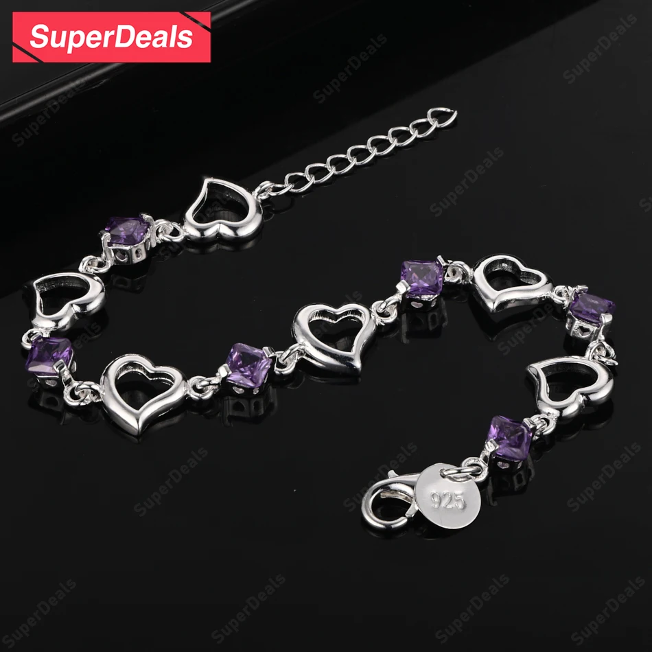 

SuperDeals 925 Sterling Silver Heart Bracelet Fine Jewelry Women Charm Wedding Valentine'S Day Party Gift Accessories