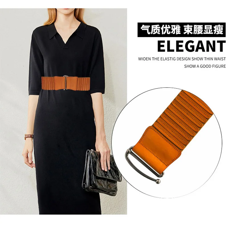 Western Cowhide Leather Elastic Women Waistband Belt Dress Down Coat Sweater Cummerbund for Ladies