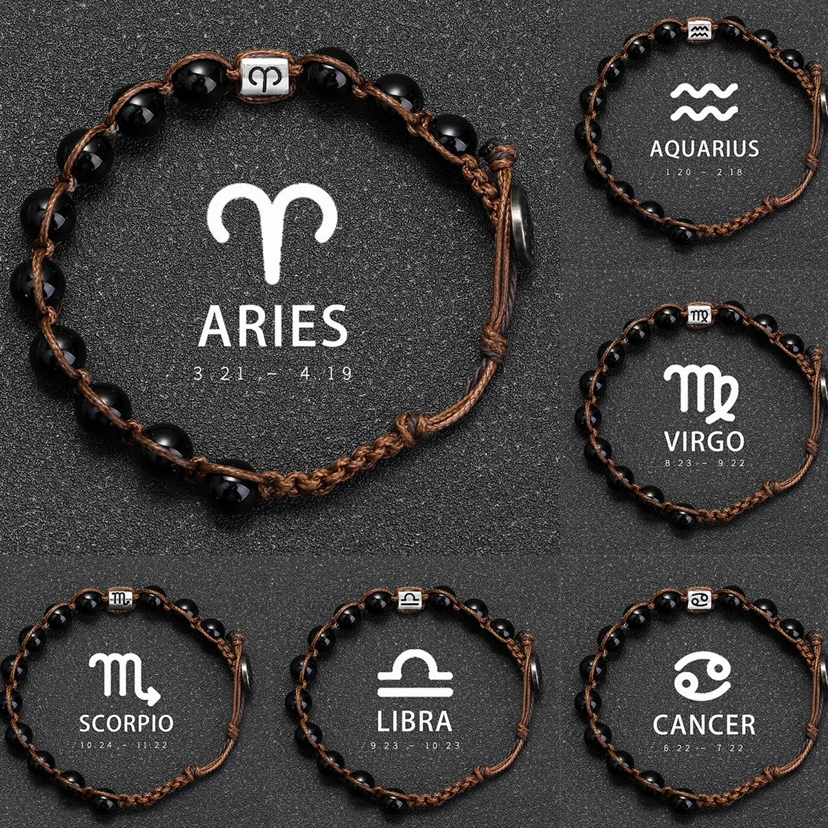 Natural Stone Obsidian 12 Zodiac Signs Handmade Woven Bracelet Taurus Leo Stainless Steel Accessories Jewelry
