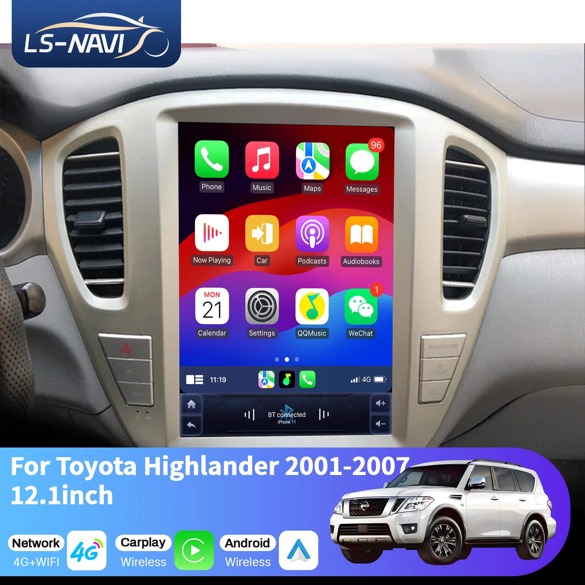 

12.1 inch Car Radio For Toyota Highlander 2001-2007 Android 14 4G Head Unit Wireless Bluetooth CarPlay Touch Screen Stereo