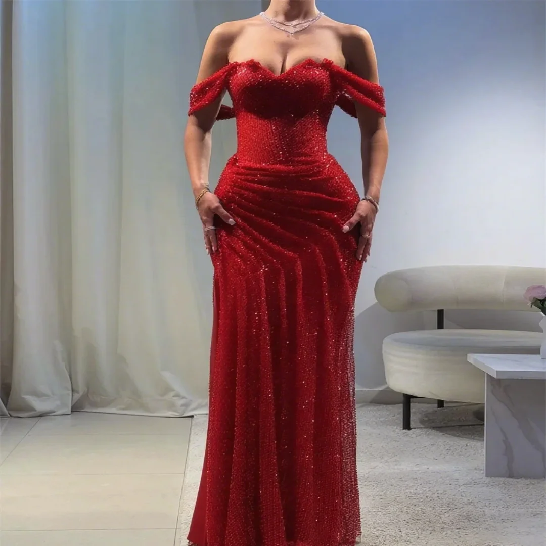 

Customized classic off-shoulder sleeveless lace flower-patterned mermaid-style women's formal evening dress