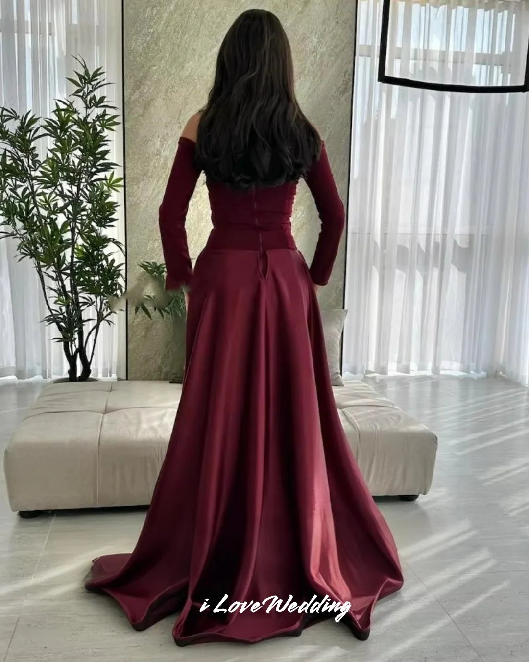 バーガンディ ストレス イブニングドレス 2025 オフショルダー 長袖 マーメイド スウィープトレイン ロング丈 ウェディング パーティー ドレス カスタムメイド