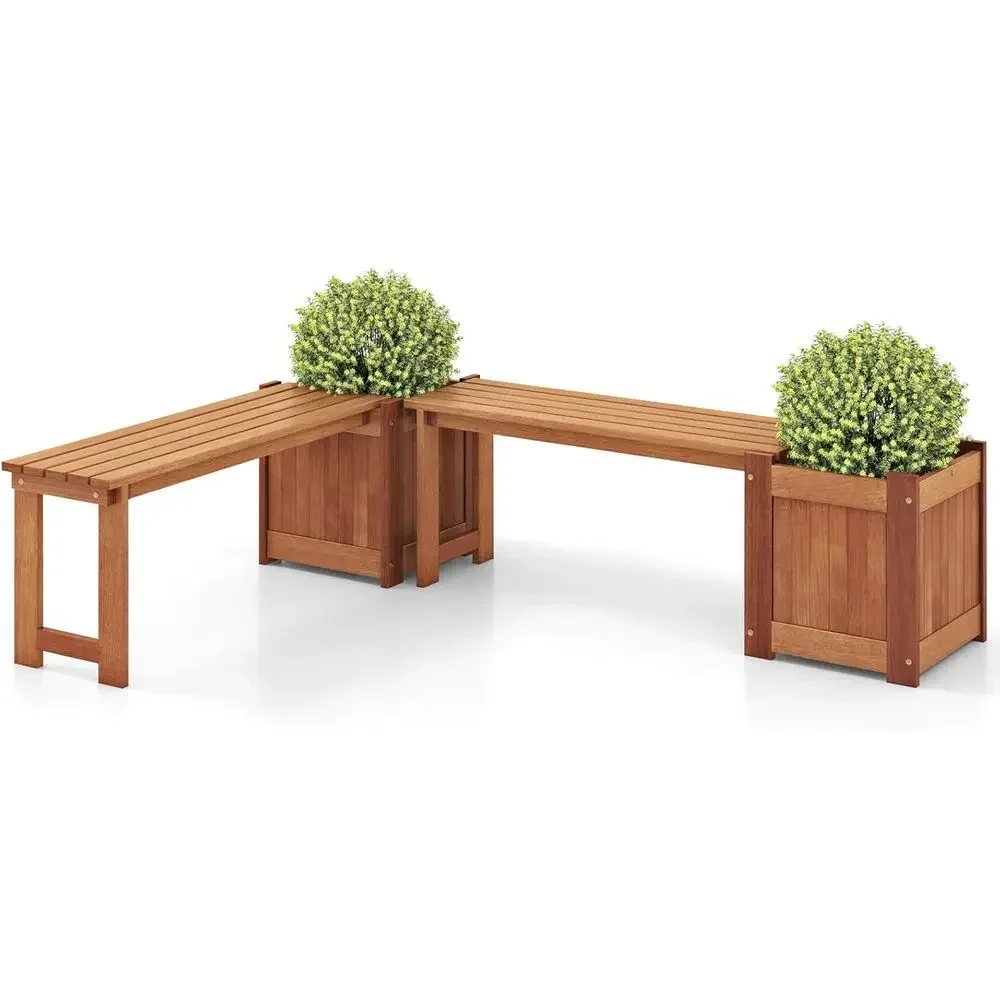 2-Piece Outdoor Bench Set with Elevated Planters, Multifunctional Wooden Seat, Open-Base Planter Boxes, Ideal for Garden, Porch,
