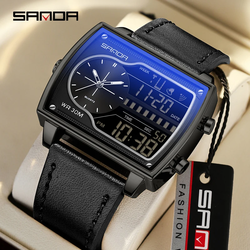 SANDA 6163 nuevo reloj electrónico Digital de cuero de cuarzo para hombre, relojes deportivos de cuenta atrás, reloj de pulsera con pantalla Dual, reloj Masculino