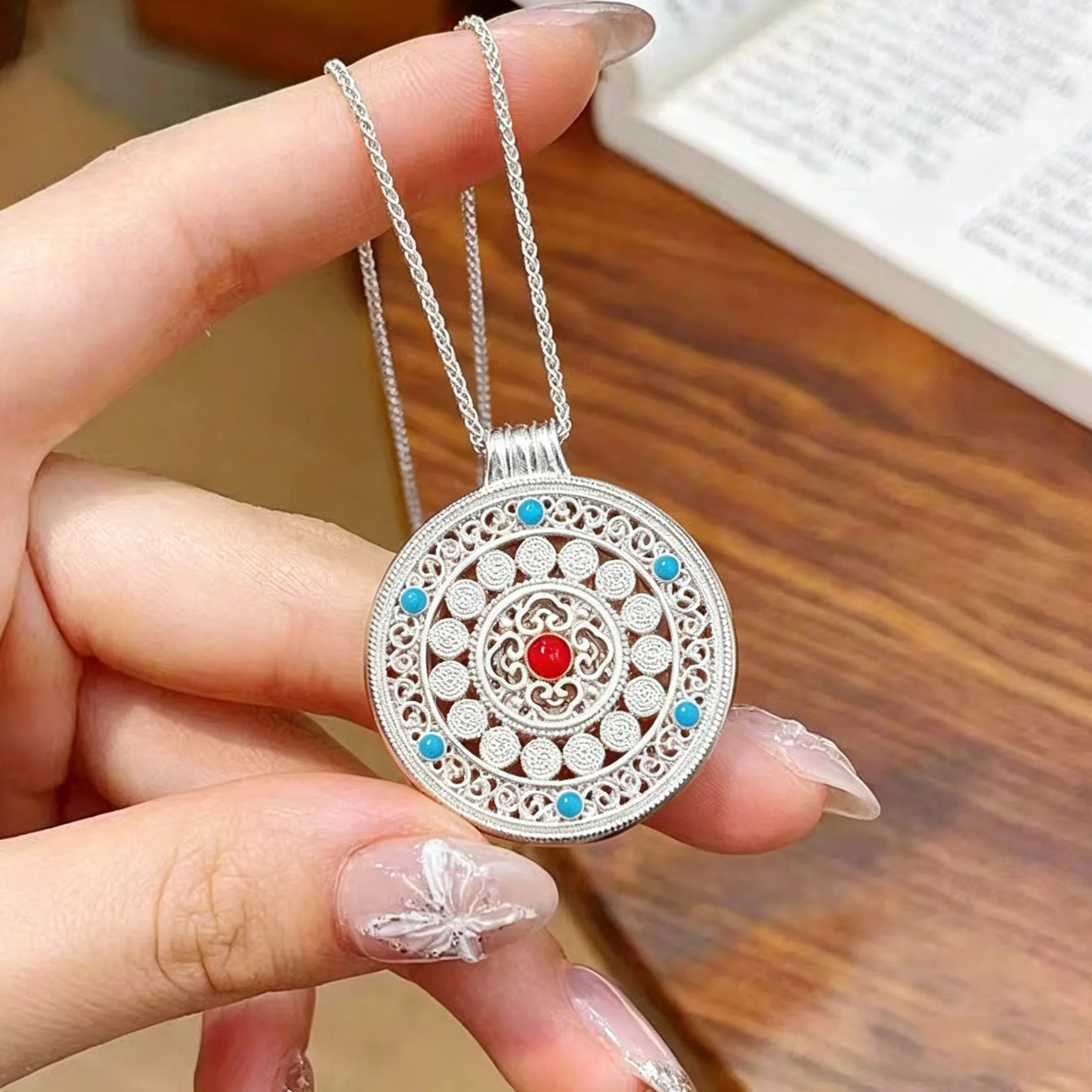 Antique gold craftsm hollow out colorful flower necklace enamel eight treasures compass pendant sweater chain banquet jewelry
