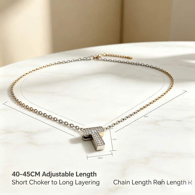 Bling Block Letter T Pendant Necklace Full Zircon Inlaid Initial Necklace Adjustable 40‑45CM Choker Layering Daily Jewelry