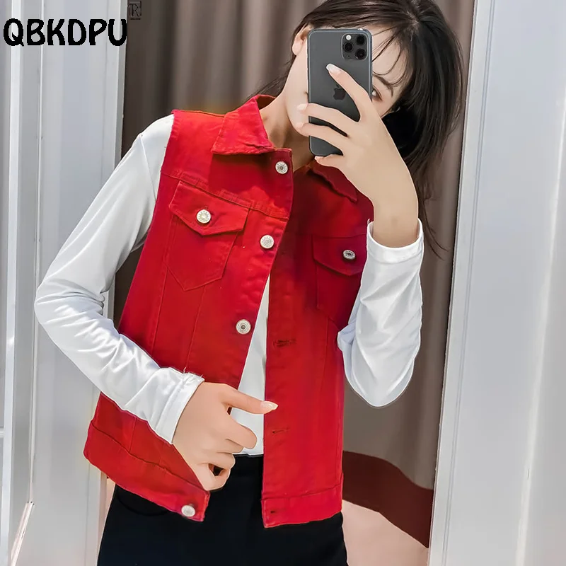 Oversize 6XL Red Denim Vest Women Casual Short Jean Sleeveless Jackets Spring Summer Waistcoat Korean Fashion Cowboy Chalecos