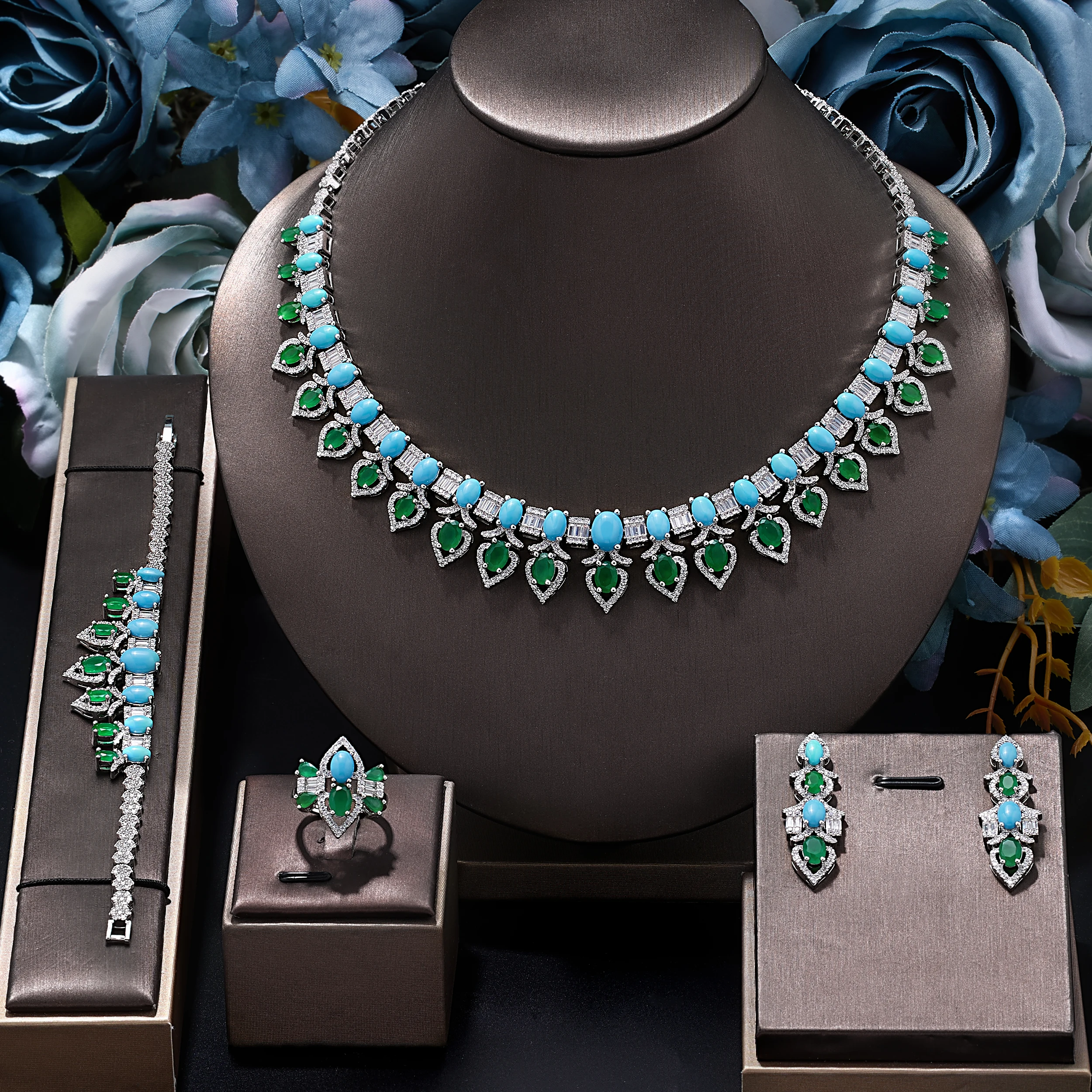 

Luxury Dubai Bridal Jewelry Set Turquoise CZ Zircon 4PCS Wedding Jewelry Set UAE Brides Party Gift