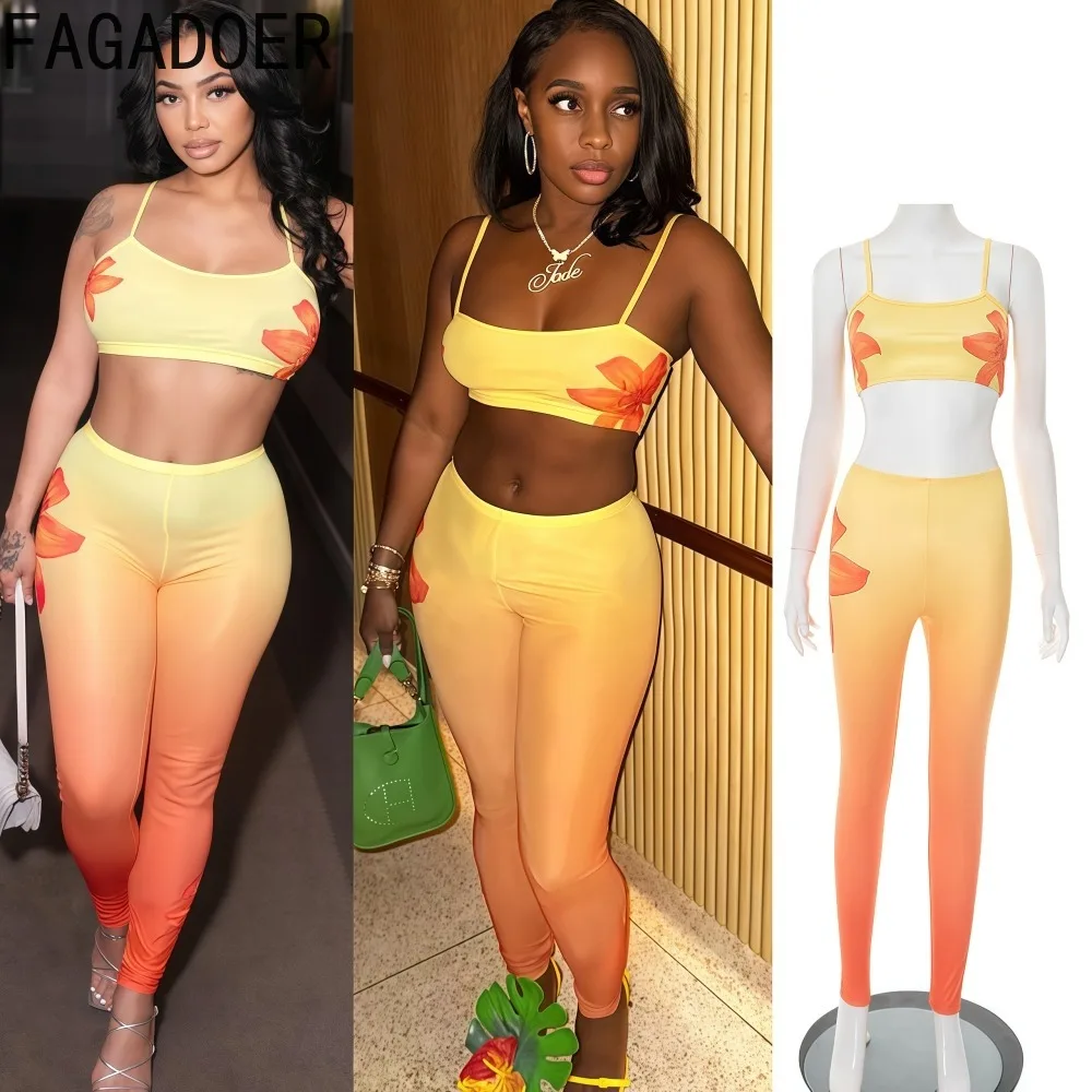 

FAGADOER Sexy Flower Print Two Piece Outfits Woman Spaghetti Strap Crop Tops + Bodycon Skirt Suits Female Streetwear Vestidos