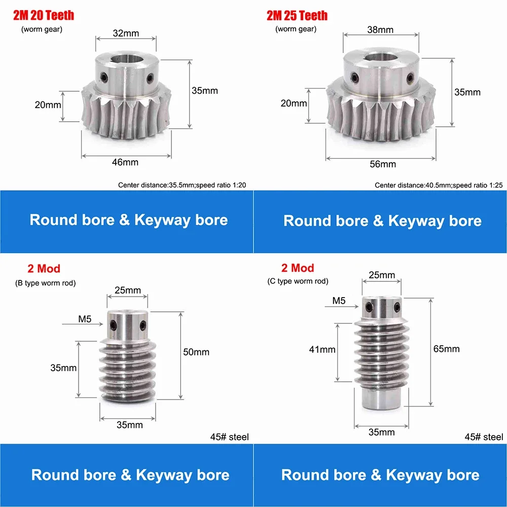 1 unidad 45 #   Varilla de tornillo sin fin de acero, 2M, 20/25/30T, 2 módulos, 20 dientes-30 dientes, engranaje helicoidal, orificio redondo y orificio de chavetero