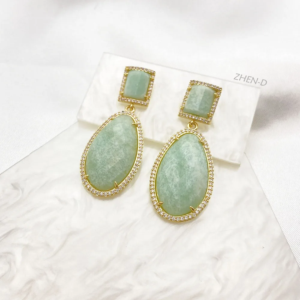 ZHEN-D Jewelry Natural Stone Amazonite Gold Plated Earrings Elegant Pure Beautiful Natural Style Healing Gift for Girl Women