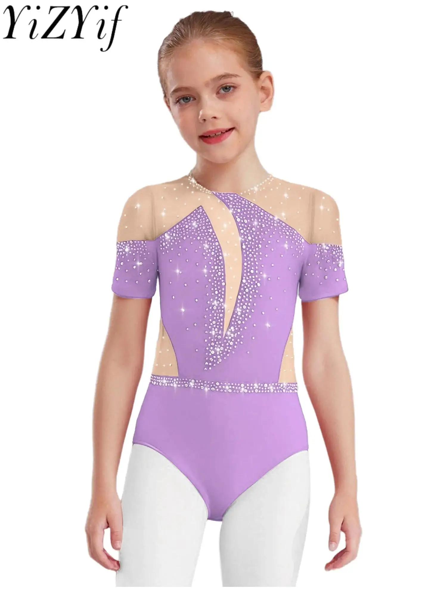 

Girls Shimmery Gymnastics Ballet Dance Warm-up Leotard Sheer Mesh Breathable Acrobatics Ballet Performance Bodysuit Dance-wear