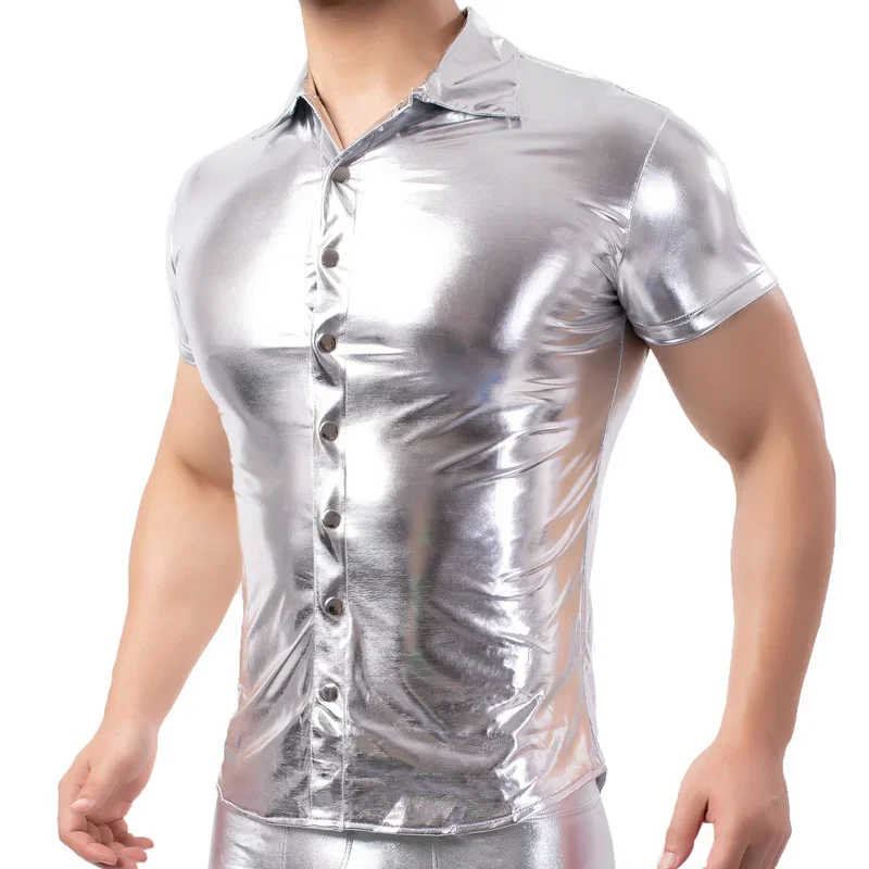 Mens Shirts Short Sleeve Faux Leather T Shirts Sexy Fitness Tops Button Up Latex Stage Tops Tee PU Leather Shirt Dance Clubwear