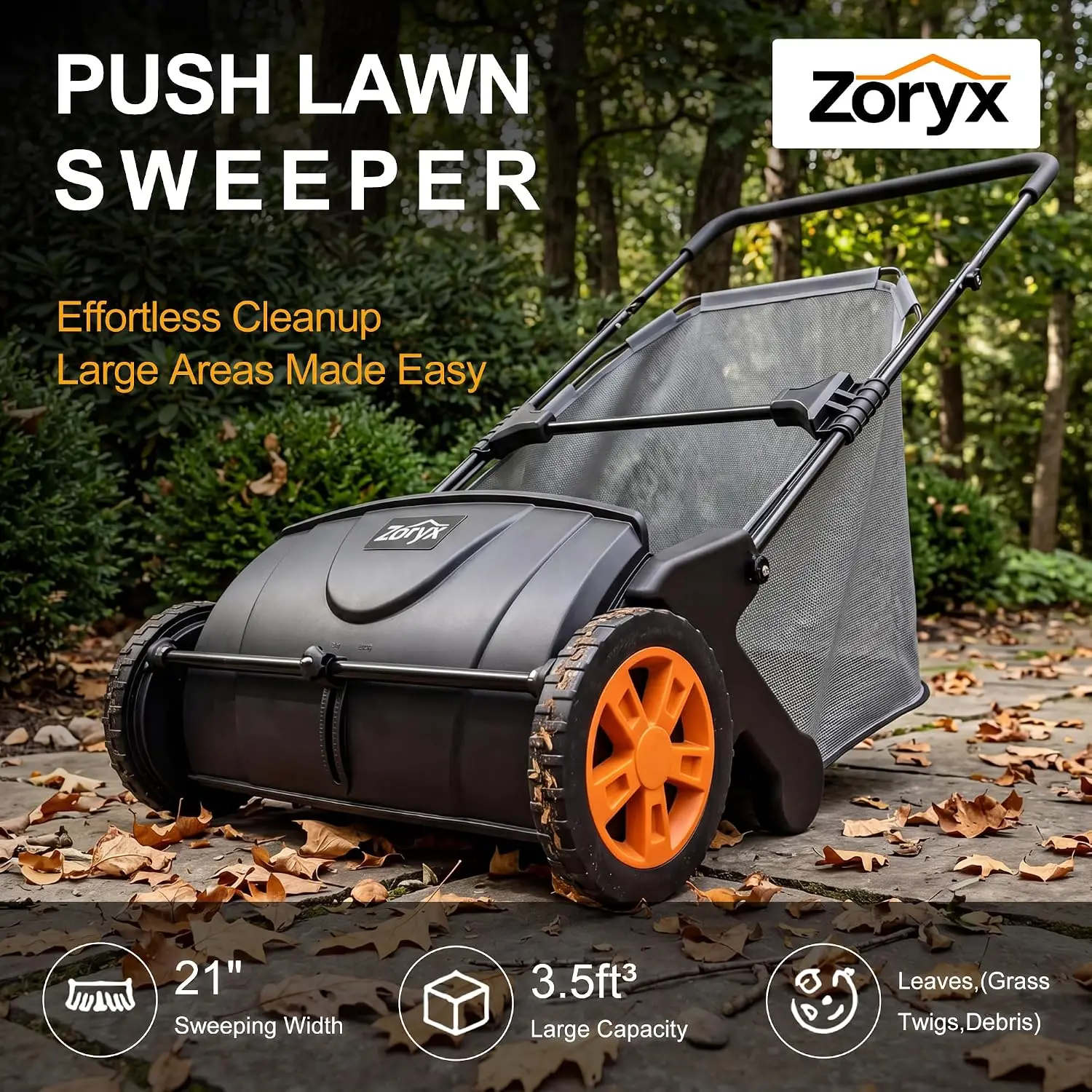 21-Inch Push Lawn Sweeper, Manual Leaf for Yard & Debris, 3.5 cu.ft. Collector Bag, Artificial Turf Cleaner with Adjustable