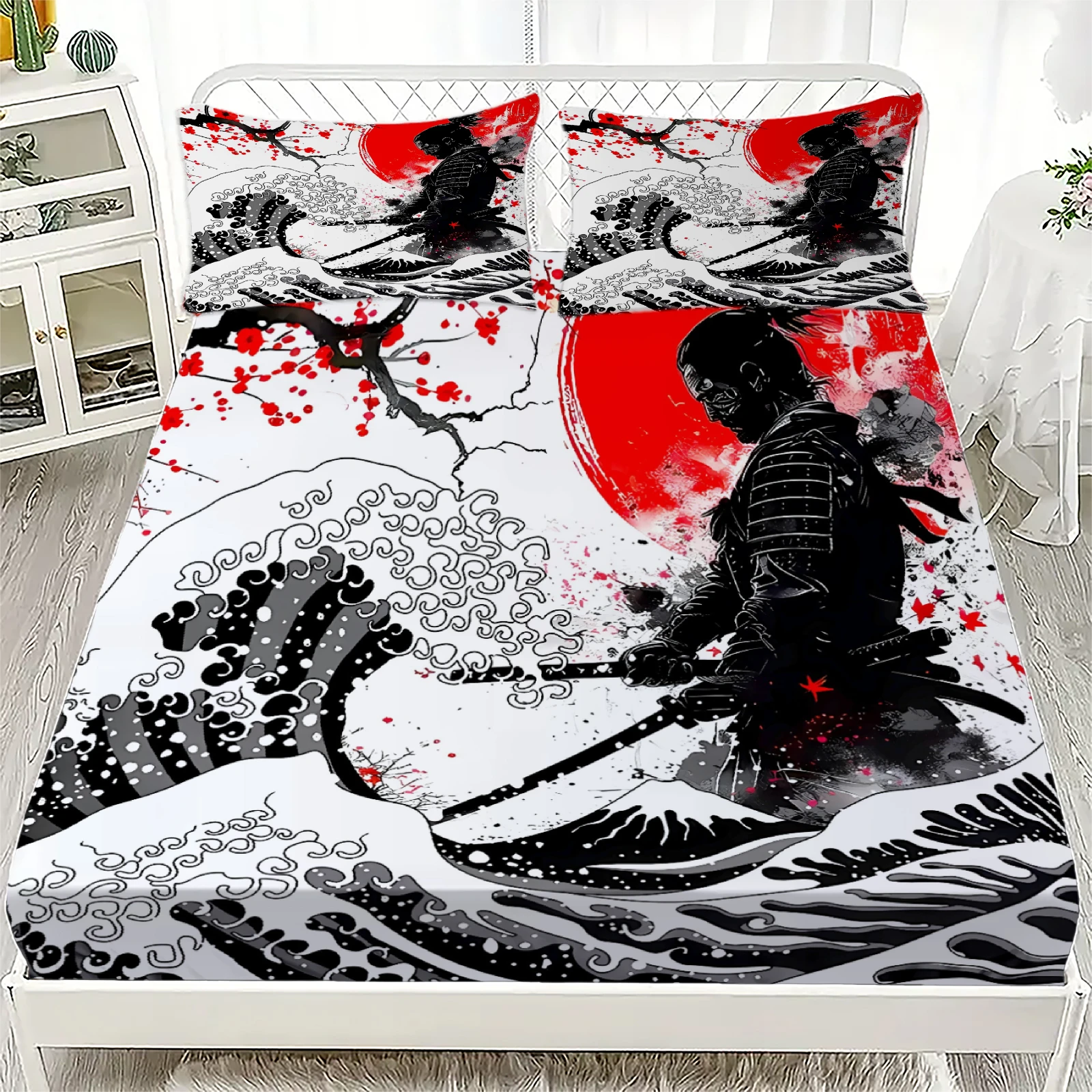 

Japanese Samurai Print Fitted Sheet Set 100% Polyester Microfiber Mattress Covers Breathable Bedding Set With 2 Pillowcases