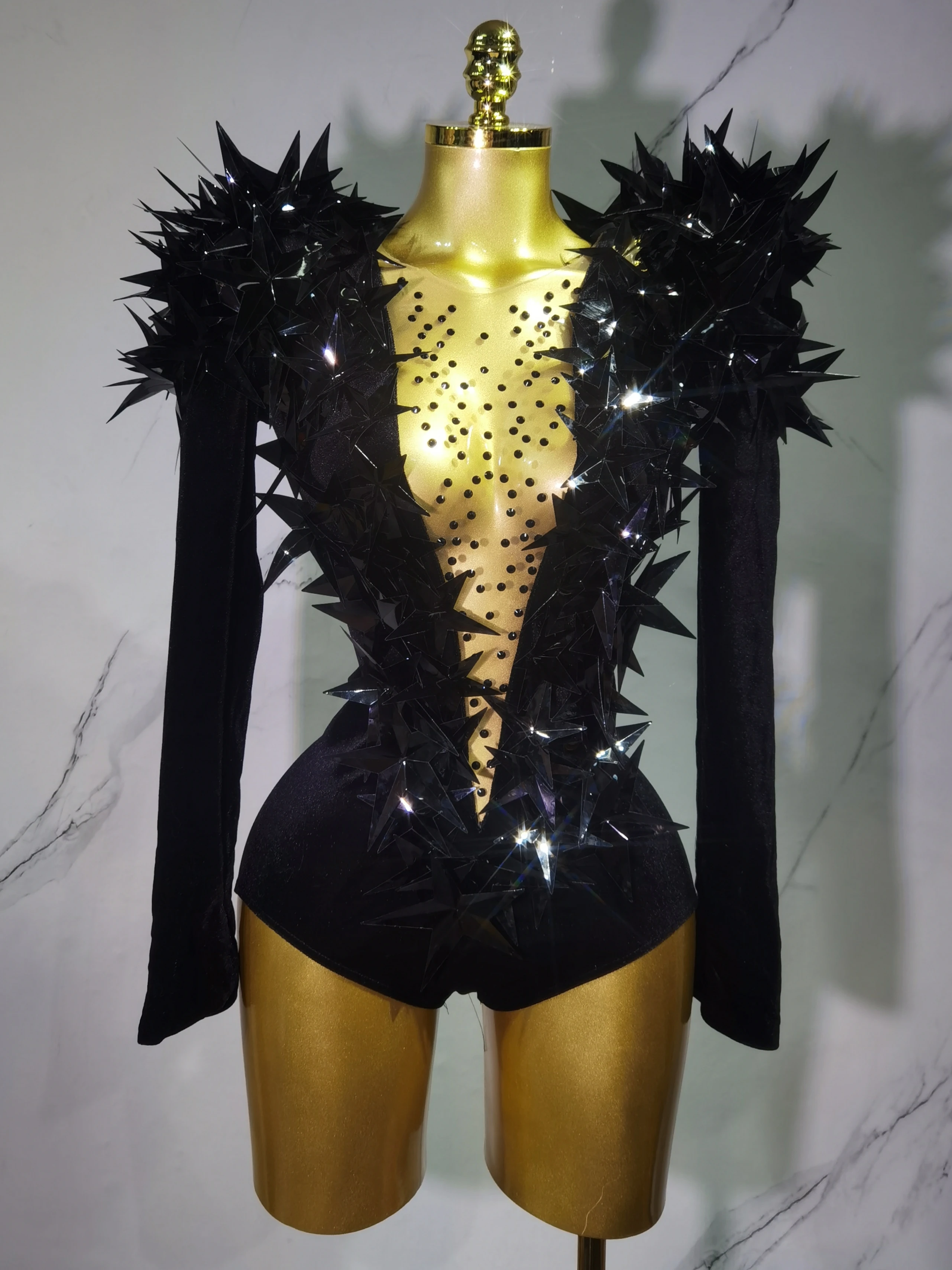 

2025 New Shiny Black Rhinestone Velvet Long Sleeve Bodysuit Women Evening Party ClukGala Hosts NightClub Bar Stage Costumes