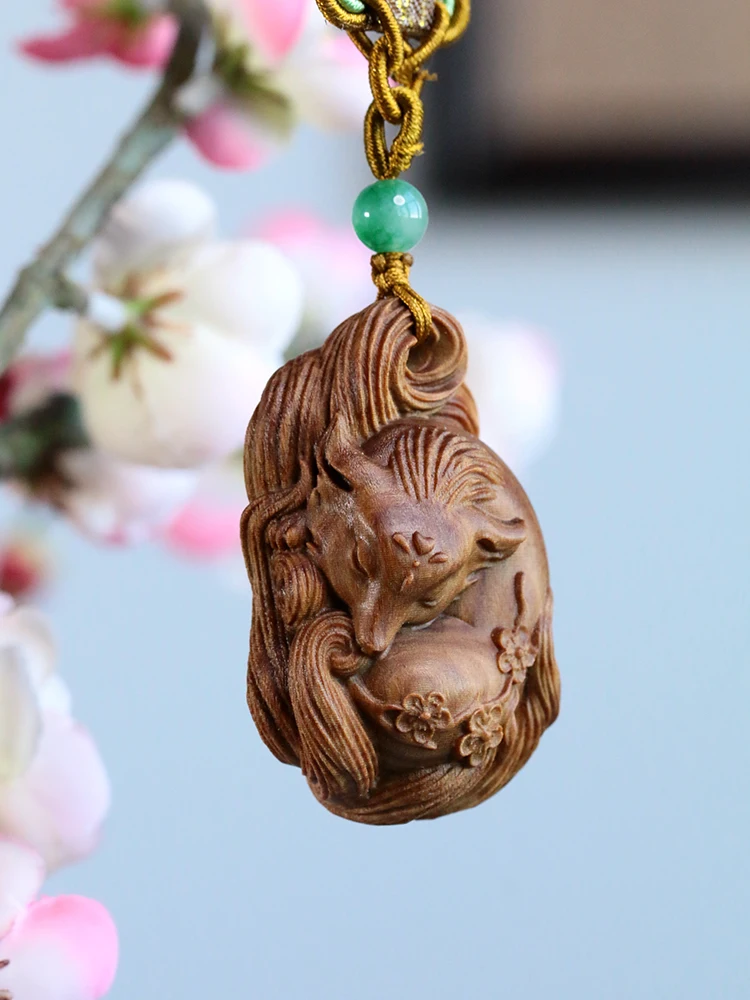 

Nine Tails Fox Wood Carved Key Pendant, Fragrant Car Accessory, Mythical Beast Craft