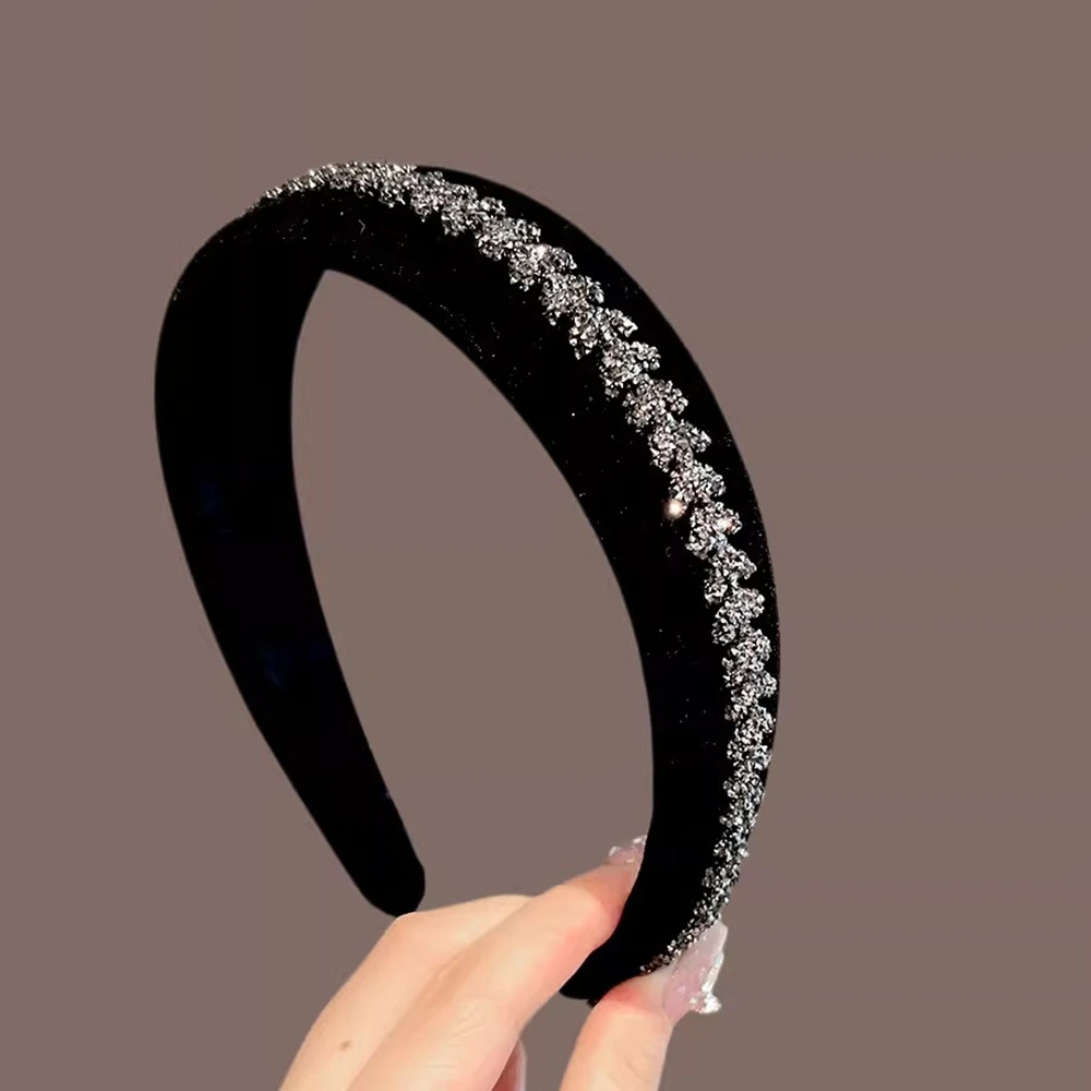 Wide Padded Velvet Rhinestone Headband For Women Girls Sparkling Crystal Hair Hoop Elegant Wedding Party Daily Hair Accessories