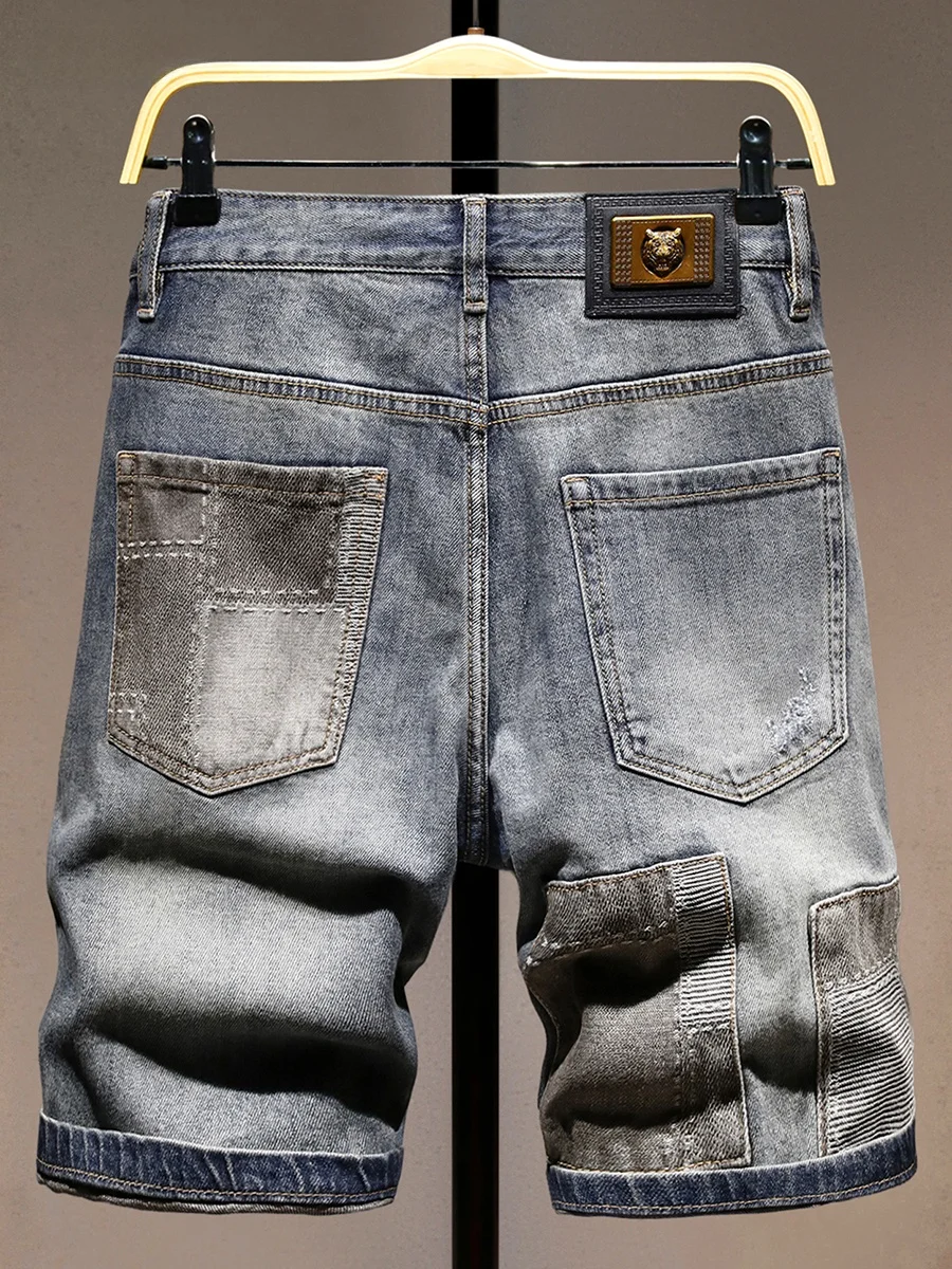 

Summer Trendy Color Block Denim Shorts Men's New Style Handsome Ripped Five-Point Pants Fashionable Versatile Mid-Length Jeans
