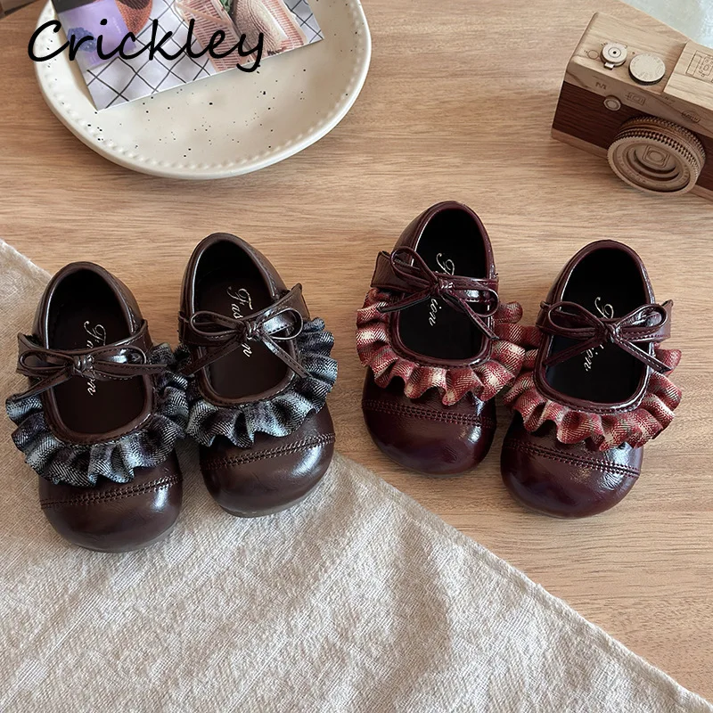 Plaid Ruffles Girls Flats Shoes PU Leather Solid Bow Kids Princess Shoes Hook Loop Soft Non Slip Children Fashion Shoes