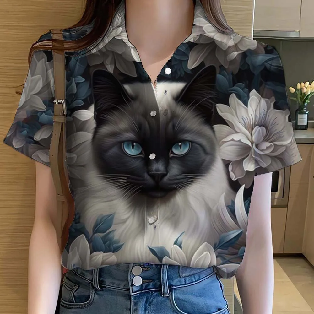 Womens Shirts Short Sleeve Button Artistic Cute Cat Printed Casual Hawaiian Beach Shirt Summer New  Blouse Women's Clothes