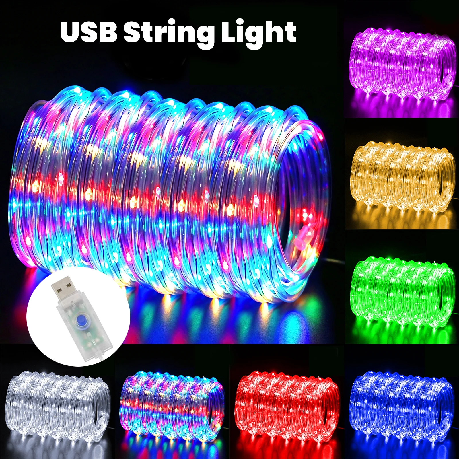 5V USB PVC Rainbow Tube String Lights 8 Lighting Modes Multicolor Warm White/Red/Blue Fairy Lights for Party Camping Decoration