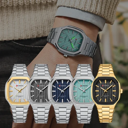 Imagen 2 del producto Relojes CURREN de cuarzo cuadrados de lujo para negocios, esfera con diseño de rayas clásico y reloj de pulsera con banda de acero inoxidable para hombres