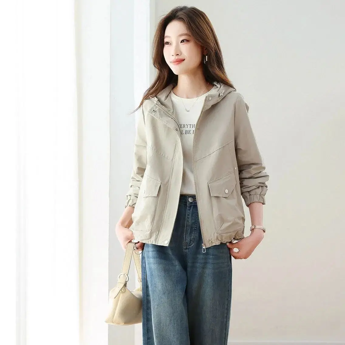 2026 Hooded Windbreaker Coat Feminine Casual Workwear Jacket Women's New Spring Autumn Outwear Age-reducing Outcoat Ladies Tops