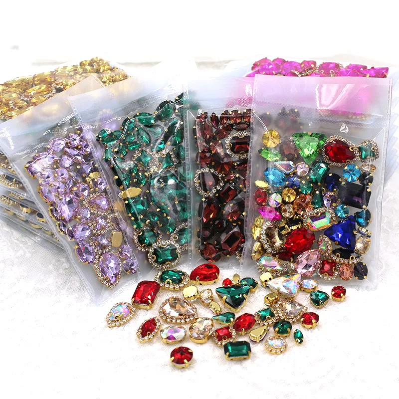 New Arrival Mix Size Mix Shape Cup Chain Rim Crystal Stones Gold Claw Setting Glass Rhinestone Sewing Clothing Accessories