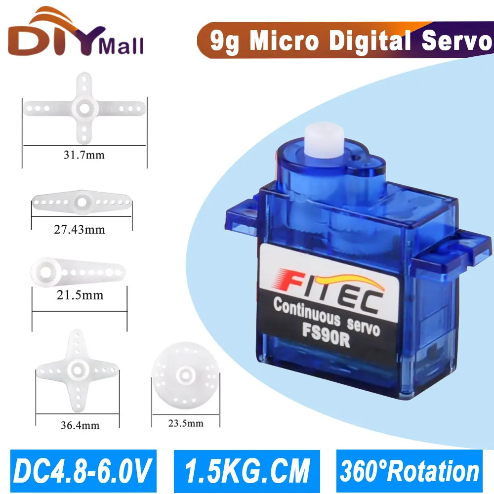 

Feetech FS90R 360° Continuous Rotation Micro Servo 1.5KG Torque 4.8-6V for Smart Robot/RC Car/Drone/Arduino/Microbit DIY Project