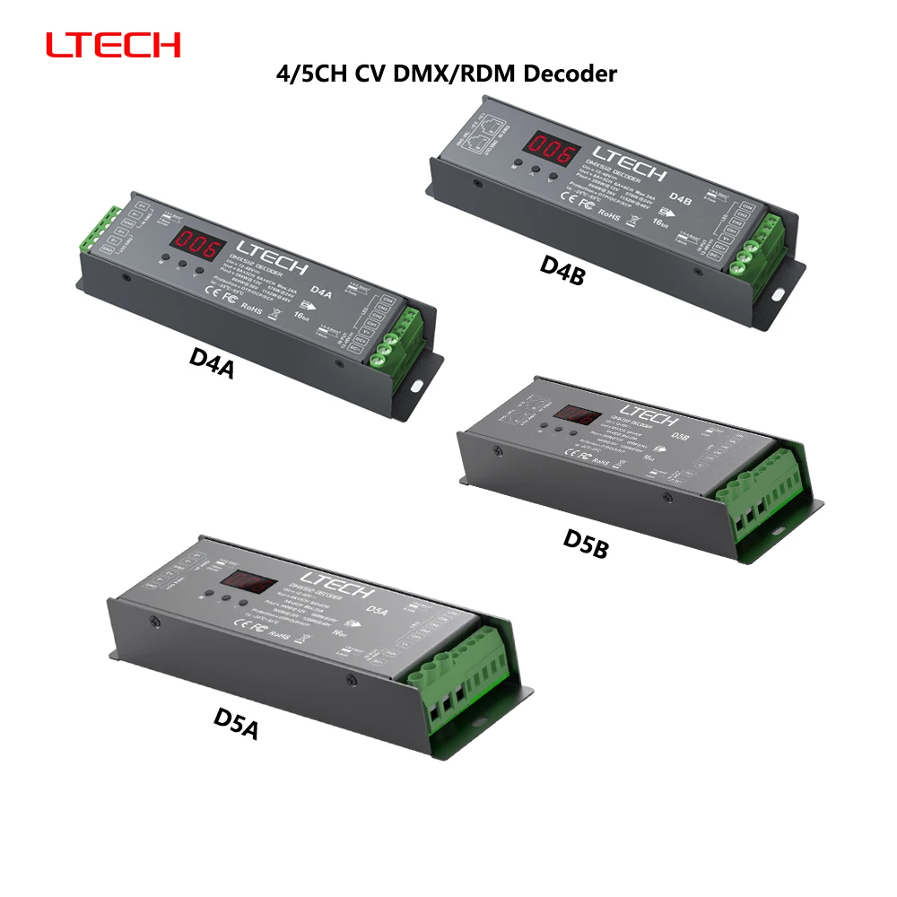 LTECH D4A DC12-48V DMX/RDM 3/4/5CH 6A/CH CV 16bit DMX512 Digital Display RJ45 4In1 PWM Decoder For  DIM/CT/RGB/RGBW  LED Lamps