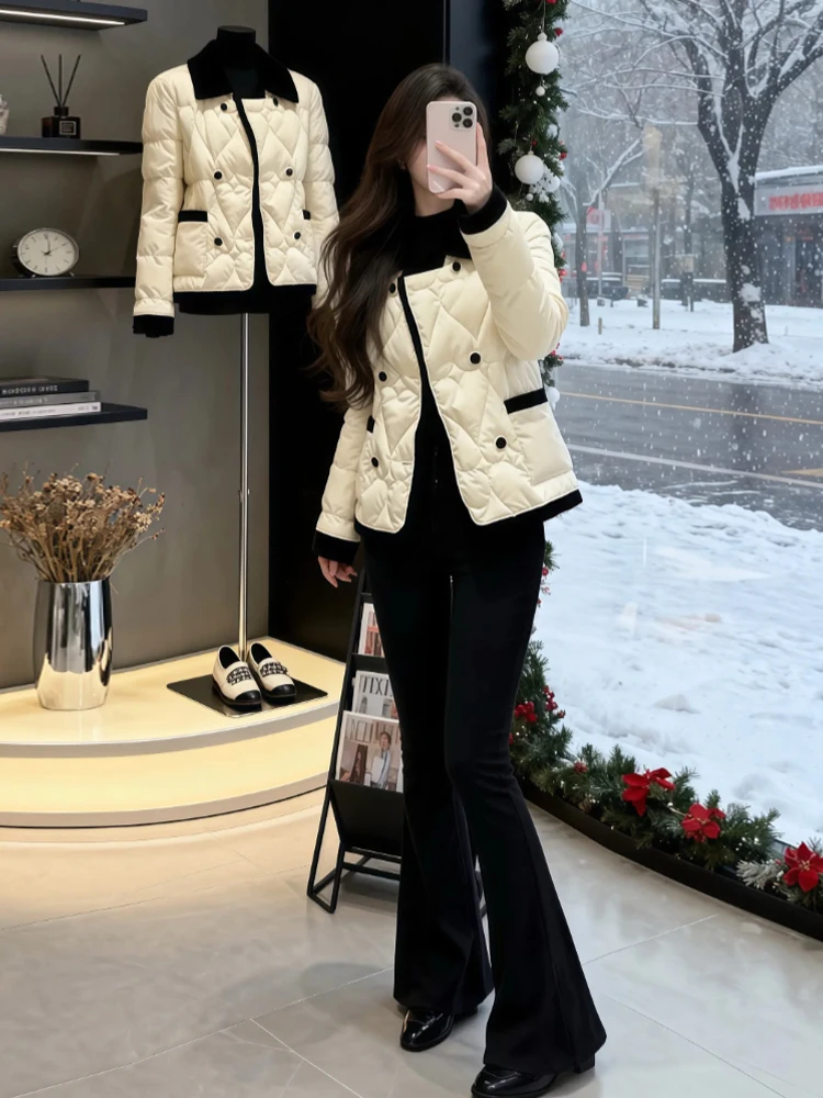 

Faionable Contrast Color Collar down Cotton Jaet Women's 2026 Autumn Winter New Sle Diamond Pattern Cotton Coat