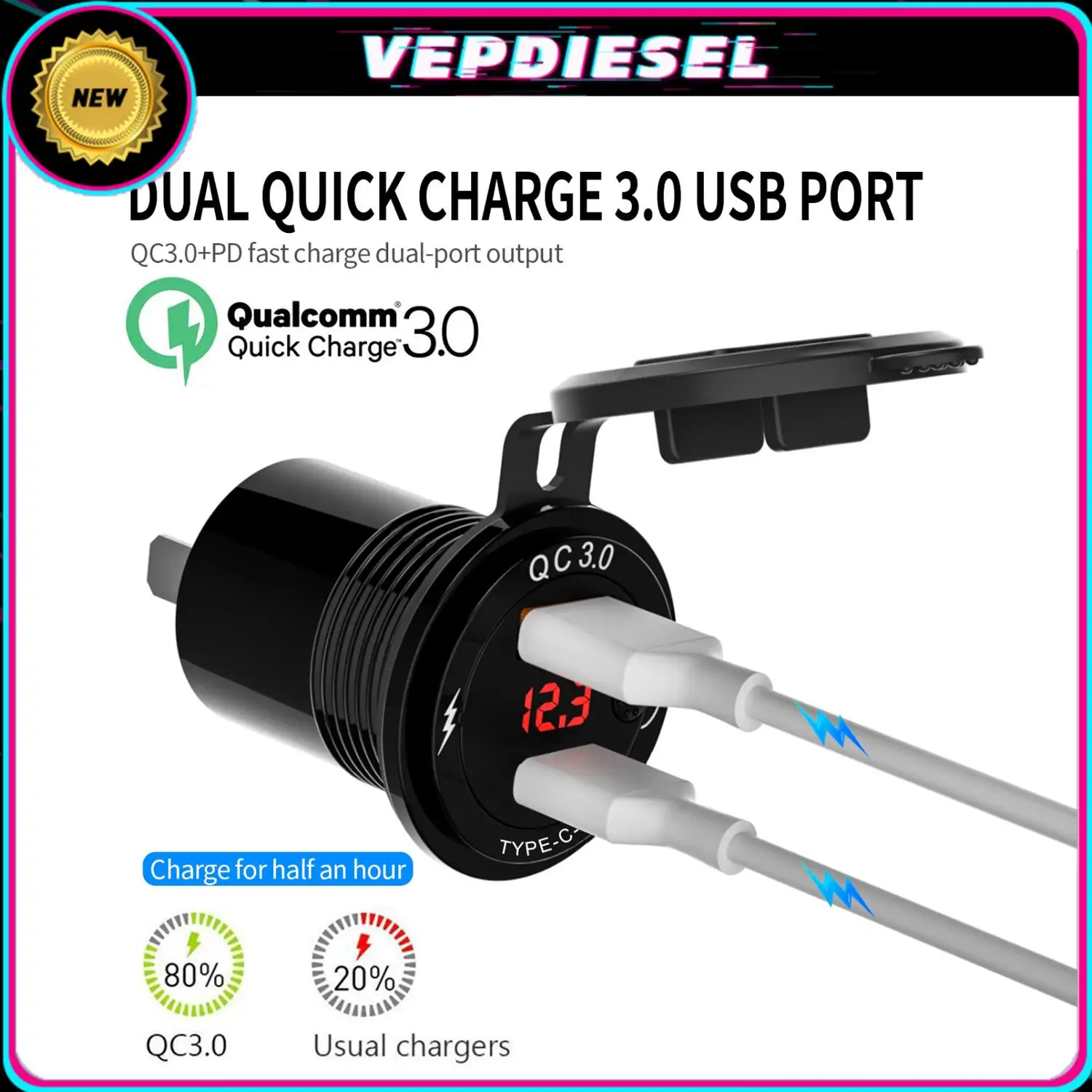 

Dual Fast Charging Single USB QC3.0 And Type C Charger With Mechanical Switch Voltmeter For 12V Car Motorcycle ATV Electronics