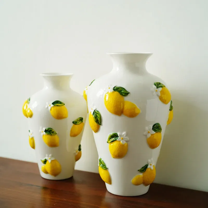 Ceramic Vase Three-dimensional Lemon Relief Sculpture Flower Vase Floral Arrangement Accessories Ceramic Handicrafts Vases