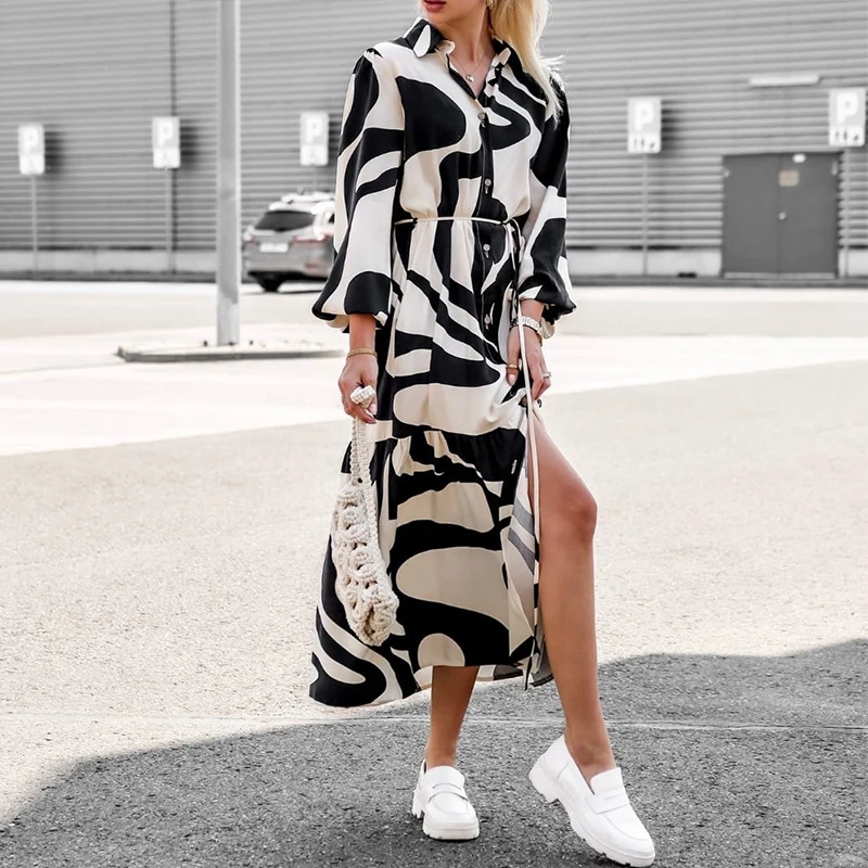 

Spring Autumn Turn-Down Collar Women's Long Dress Elegant Print Single Breasted Sundress Casual Long Sleeved Skirt Dresses