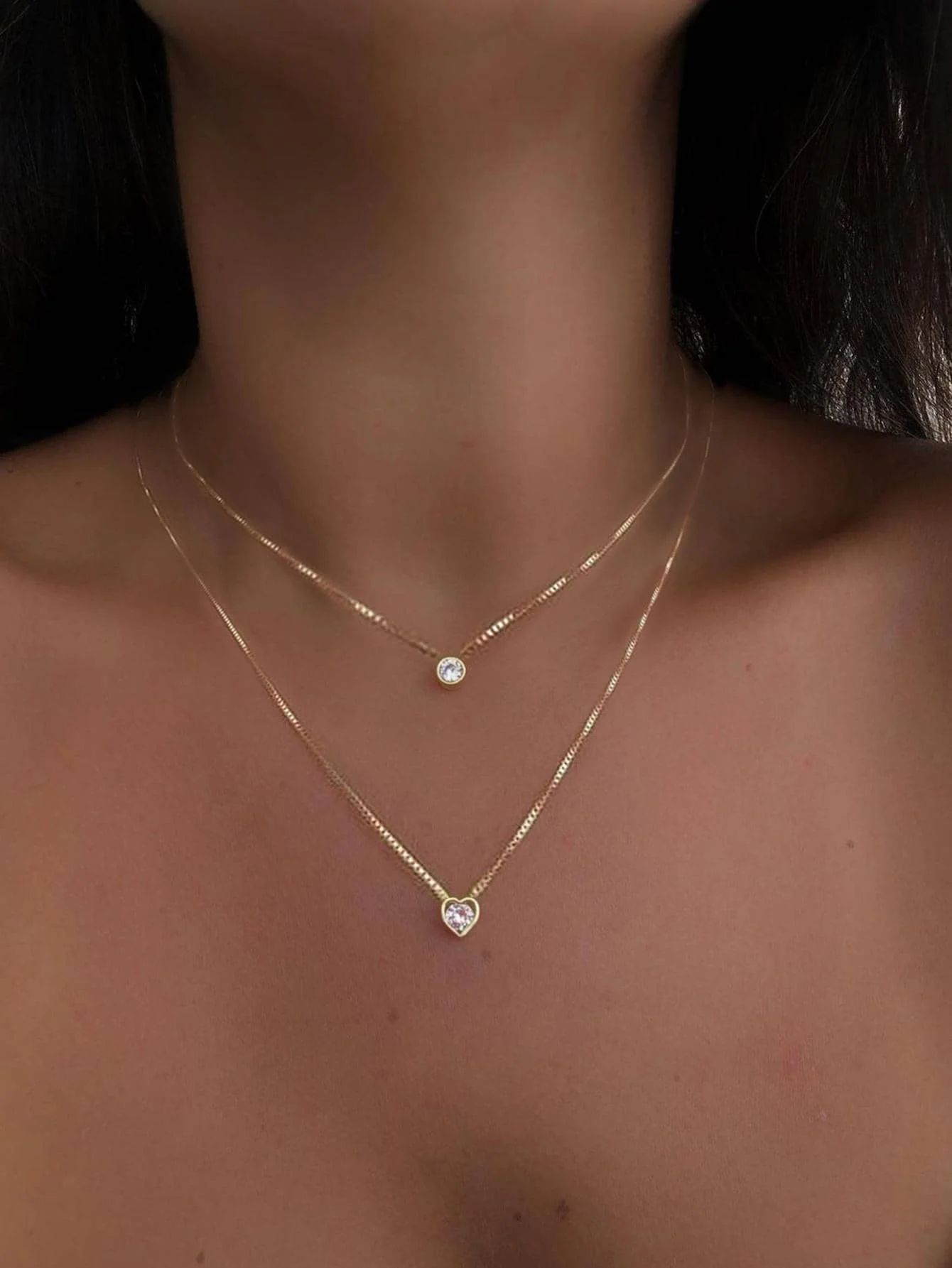 

Двухслойное ожерелье золотистого цвета с подвеской в ​​форме сердца и круглым кристаллом для женщин