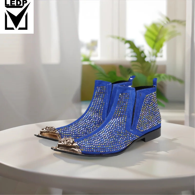Glittering Rhinestone Suede Men's Boots Trendy Stage Performance Style Attention-Grabbing Personality Professional Atmosphere