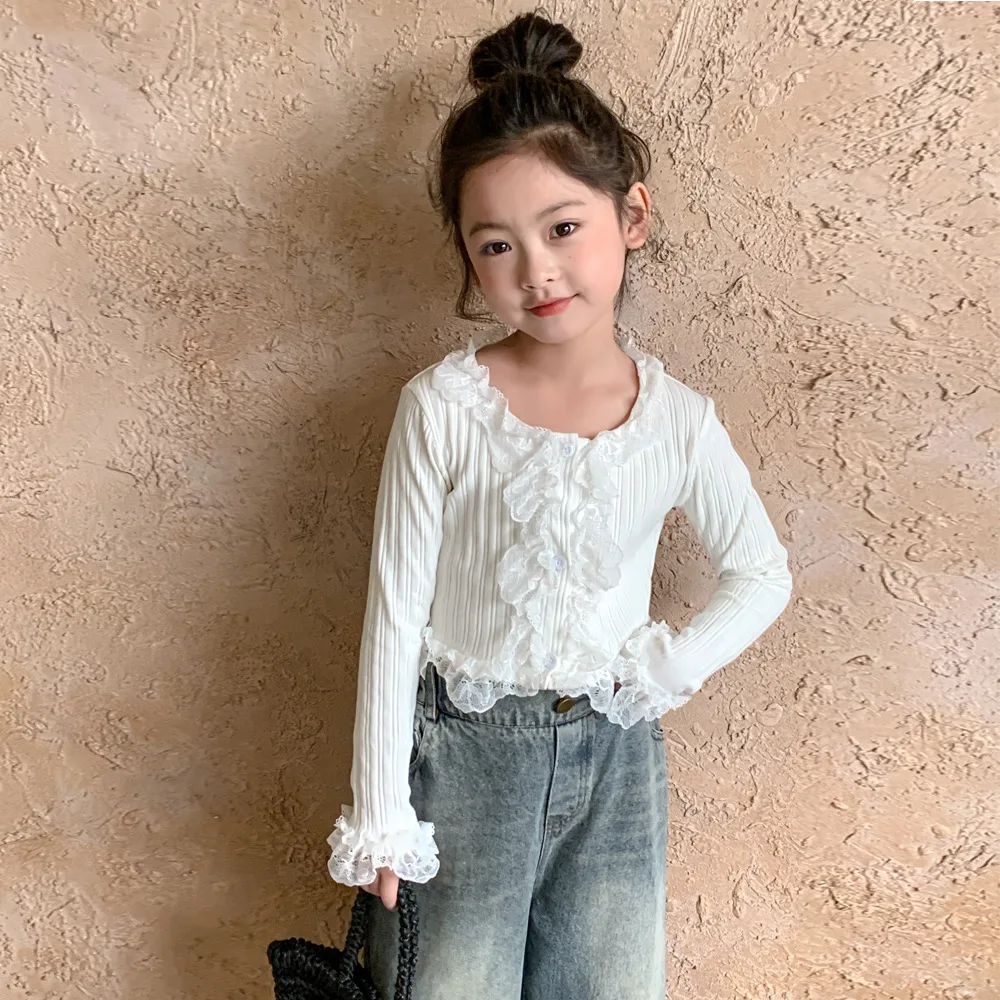 Baby Girl Top Children T-shirt 2024 Spring Girls Sweet Lace Pit Strip Base Shirt Girl Treasure Long Fashion Sleeve T-shirt