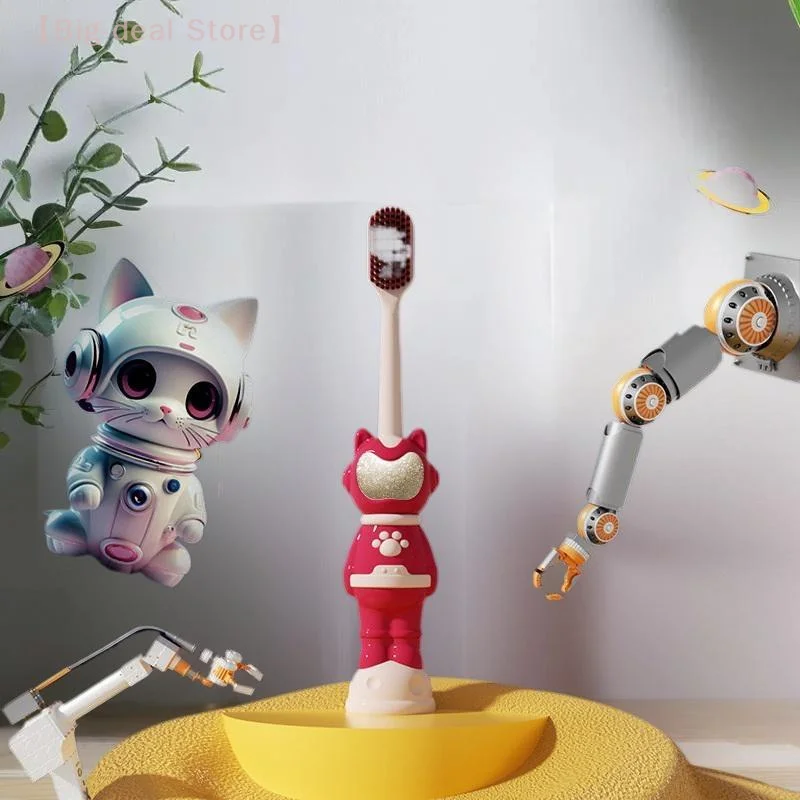 

2 Pcs Kids Toothbrushes Cartoon Space Cat Shape Soft Bristles Beam Split Flocking Safe For 3-12 Years Old Children