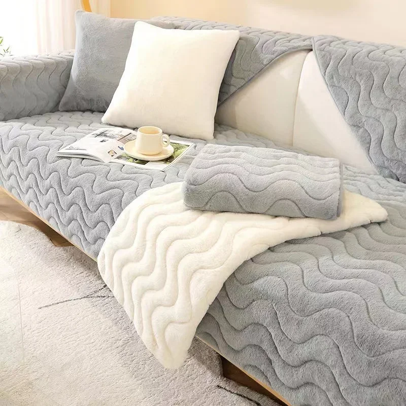 Winter Warm Thick Plush Couch Cover L-shaped Sectional Anti-slip Sofa CoverSuper Soft Rabbit Plush Quilted Sofa Towel