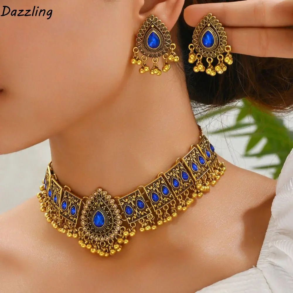 

Wedding Party Bohemia Style Rhinestone Jewelry Set Crystal Tassel Necklace Earrings Set Vintage Rhinestone Necklace Set Women